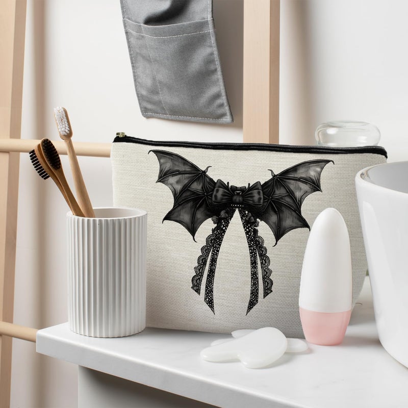RYYCDOI Halloween Coquette Lace Bow Bat Cosmetic Bag - Gothic Black, Girly Makeup Pouch - Image 3